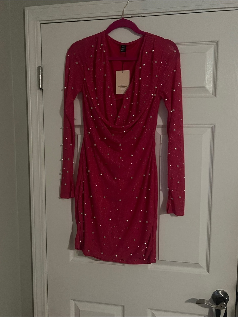 SHEIN Hot Pink Long-Sleeve Drape Neck Dress with Pearly Embellishments